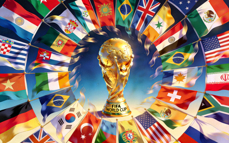 2026世界杯扩军概念图 - 48支国家队旗帜环绕世界杯奖杯